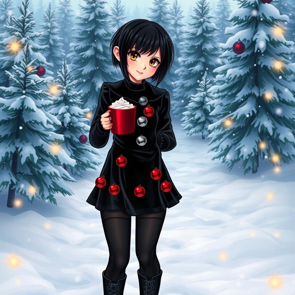 A stylish goth girl with short, edgy black hair and striking brown eyes, dressed in a festive yet dark-themed Christmas outfit