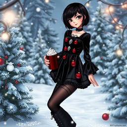 A stylish goth girl with short, edgy black hair and striking brown eyes, dressed in a festive yet dark-themed Christmas outfit