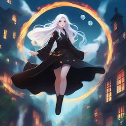 A digital art image of a white long-haired girl dressed in a black outfit, floating mid-air