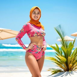A stylish hijab bikini designed for modest beachwear, featuring vibrant colors and intricate patterns