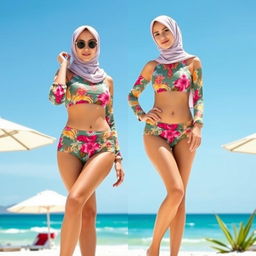 A stylish hijab bikini designed for modest beachwear, featuring vibrant colors and intricate patterns