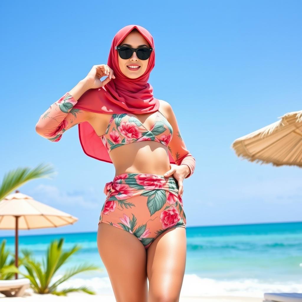 A stylish hijab bikini designed for modest beachwear, featuring vibrant colors and intricate patterns