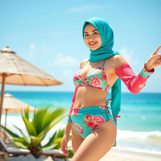 A stylish hijab bikini designed for modest beachwear, featuring vibrant colors and intricate patterns