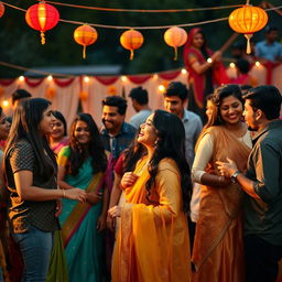 A vibrant and lively scene of an outdoor gathering featuring a diverse group of South Asian couples enjoying a festive atmosphere together