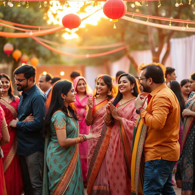 A vibrant and lively scene of an outdoor gathering featuring a diverse group of South Asian couples enjoying a festive atmosphere together