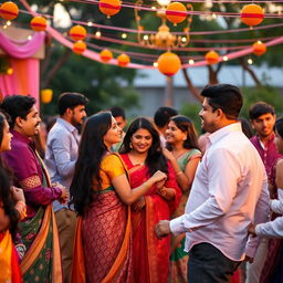 A vibrant and lively scene of an outdoor gathering featuring a diverse group of South Asian couples enjoying a festive atmosphere together