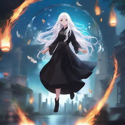 A digital art image of a white long-haired girl dressed in a black outfit, floating mid-air