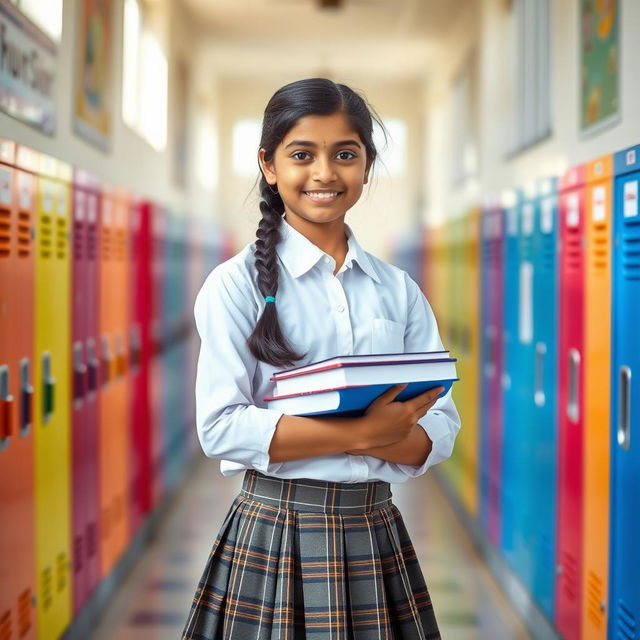 An Indian schoolgirl, wearing a traditional school uniform consisting of a neatly pressed white blouse and a knee-length plaid skirt