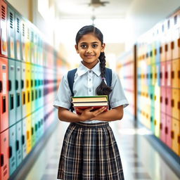 An Indian schoolgirl, wearing a traditional school uniform consisting of a neatly pressed white blouse and a knee-length plaid skirt