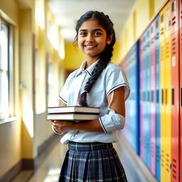 An Indian schoolgirl, wearing a traditional school uniform consisting of a neatly pressed white blouse and a knee-length plaid skirt