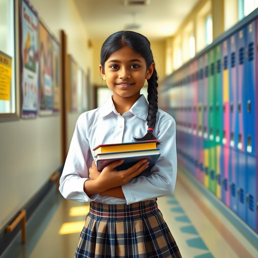 An Indian schoolgirl, wearing a traditional school uniform consisting of a neatly pressed white blouse and a knee-length plaid skirt