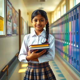 An Indian schoolgirl, wearing a traditional school uniform consisting of a neatly pressed white blouse and a knee-length plaid skirt