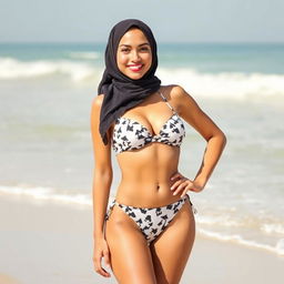 A fashionable woman wearing a hijab bikini on a sunny beach