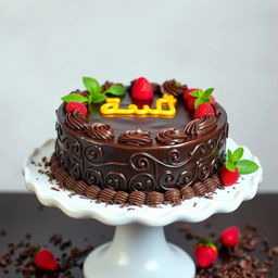 A beautiful chocolate cake elegantly decorated with intricate icing designs