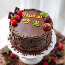 A beautiful chocolate cake elegantly decorated with intricate icing designs
