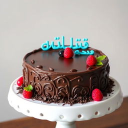 A beautiful chocolate cake elegantly decorated with intricate icing designs