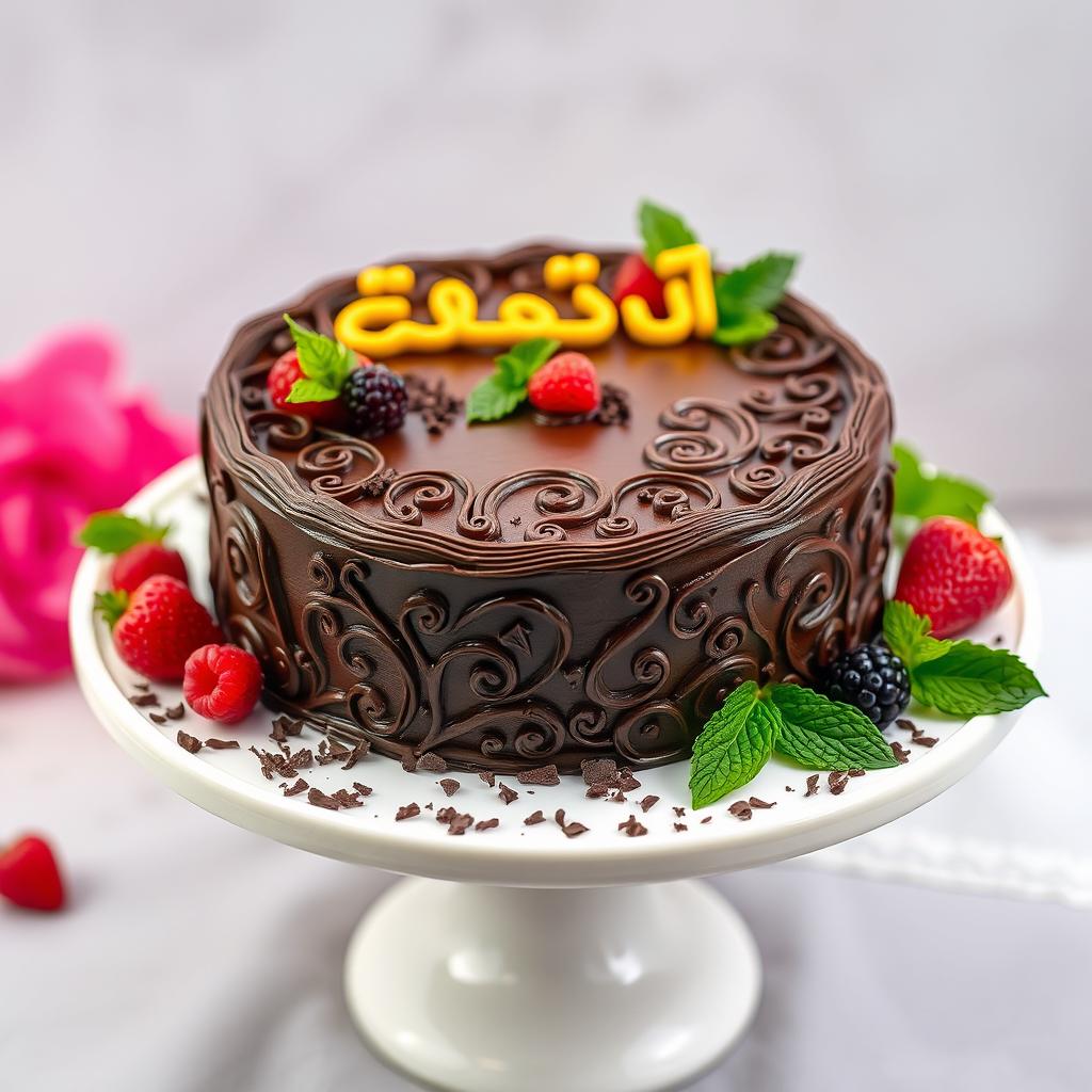 A beautiful chocolate cake elegantly decorated with intricate icing designs