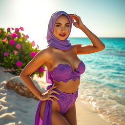 A stunning model wearing a stylish violet hijab bikini, designed with intricate patterns and elegant details