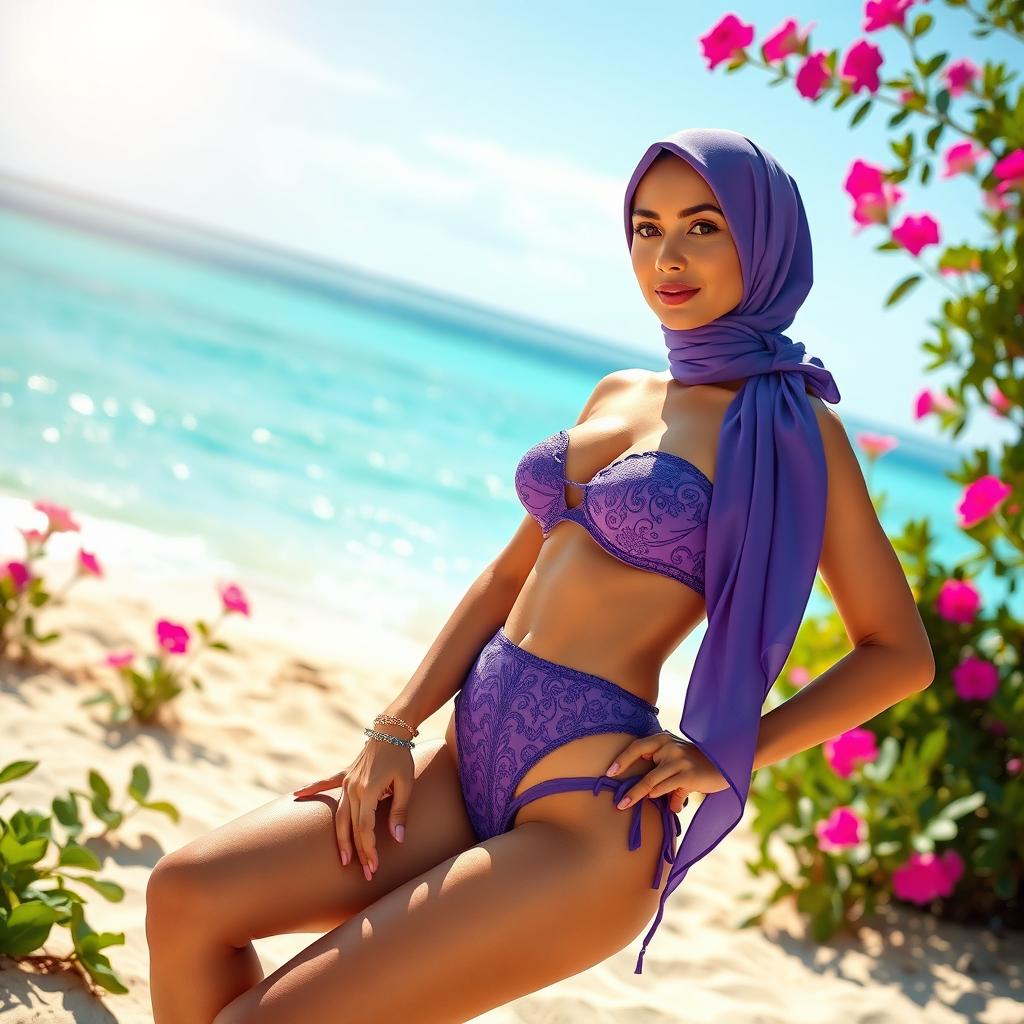 A stunning model wearing a stylish violet hijab bikini, designed with intricate patterns and elegant details