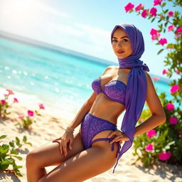 A stunning model wearing a stylish violet hijab bikini, designed with intricate patterns and elegant details