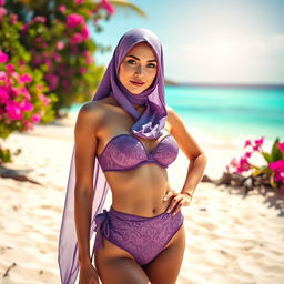 A stunning model wearing a stylish violet hijab bikini, designed with intricate patterns and elegant details