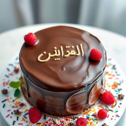 A stunning chocolate cake viewed from above, showcasing its rich, glossy frosting