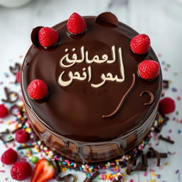 A stunning chocolate cake viewed from above, showcasing its rich, glossy frosting