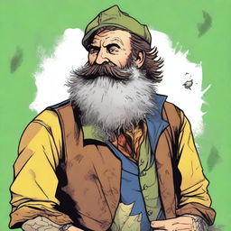 A highest quality comic book style image that features a scruffy, homeless bard, known as the Dandelion Minstrel