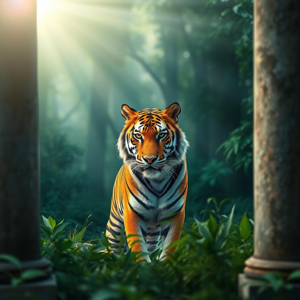 A realistic, high-quality 4K image of a majestic tiger positioned in a serene, dreamy forest setting, framed through ancient stone pillars