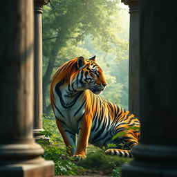 A realistic, high-quality 4K image of a majestic tiger positioned in a serene, dreamy forest setting, framed through ancient stone pillars