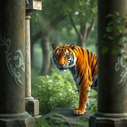A realistic, high-quality 4K image of a majestic tiger positioned in a serene, dreamy forest setting, framed through ancient stone pillars