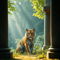 A realistic, high-quality 4K image of a majestic tiger positioned in a serene, dreamy forest setting, framed through ancient stone pillars