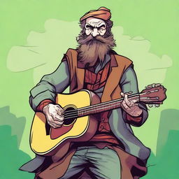 A high-quality comic book style image that depicts a scruffy, homeless bard, known as the Minstrel