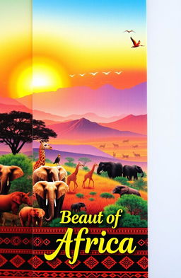 An artistic and vibrant bookmark celebrating the beauty of Africa, featuring a lush landscape with diverse wildlife including elephants, giraffes, and colorful birds
