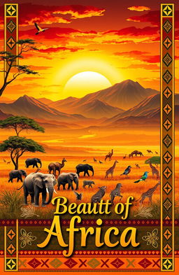 An artistic and vibrant bookmark celebrating the beauty of Africa, featuring a lush landscape with diverse wildlife including elephants, giraffes, and colorful birds