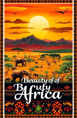 An artistic and vibrant bookmark celebrating the beauty of Africa, featuring a lush landscape with diverse wildlife including elephants, giraffes, and colorful birds