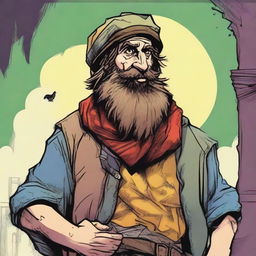 A high-quality comic book style image that depicts a scruffy, homeless bard, known as the Minstrel