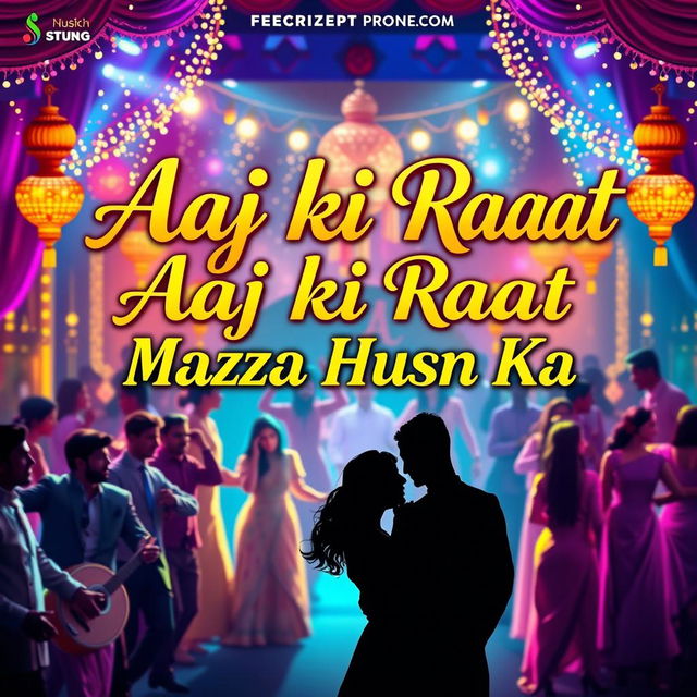 A vibrant and colorful poster for a Bollywood song promo of 'Aaj ki Raat Mazza Husn Ka', prominently featuring the title text in stylish, bold typography