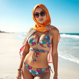 A stylish woman wearing a hijab bikini on a sunny beach, showcasing a blend of traditional and modern swimwear fashion
