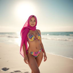A stylish woman wearing a hijab bikini on a sunny beach, showcasing a blend of traditional and modern swimwear fashion