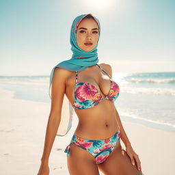 A stylish woman wearing a hijab bikini on a sunny beach, showcasing a blend of traditional and modern swimwear fashion