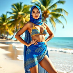 A stylish and modern burkha bikini on a sunlit beach, featuring a vibrant color palette of royal blue and golden yellow