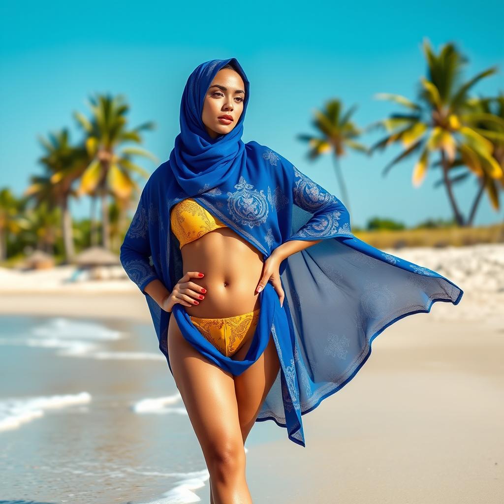 A stylish and modern burkha bikini on a sunlit beach, featuring a vibrant color palette of royal blue and golden yellow