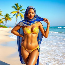 A stylish and modern burkha bikini on a sunlit beach, featuring a vibrant color palette of royal blue and golden yellow