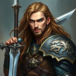 A detailed portrait of a warrior man, showcasing his strong features and long flowing hair