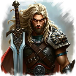 A detailed portrait of a warrior man, showcasing his strong features and long flowing hair
