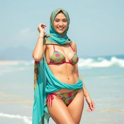 A fashionable fusion of a burkha and a bikini design, featuring a stylish swimwear outfit