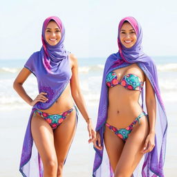A fashionable fusion of a burkha and a bikini design, featuring a stylish swimwear outfit