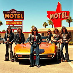 A 1970s rock album cover featuring a diverse group of musicians, both men and women, standing confidently in front of a classic sports car