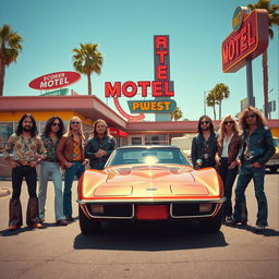 A 1970s rock album cover featuring a diverse group of musicians, both men and women, standing confidently in front of a classic sports car